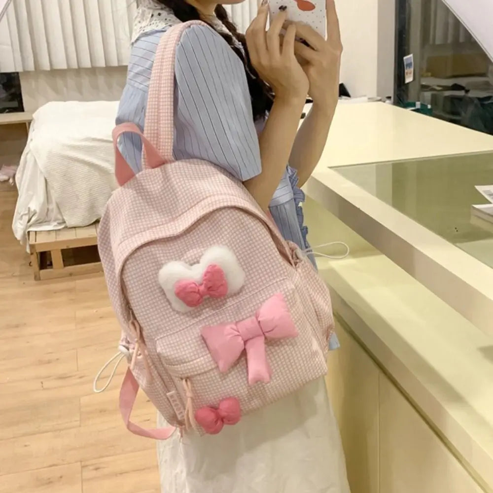 vzyzv  -  Large Capacity Cute Bowknot Backpack Solid Color Korean Style Nylon Student School Bag Lattice Lightweight