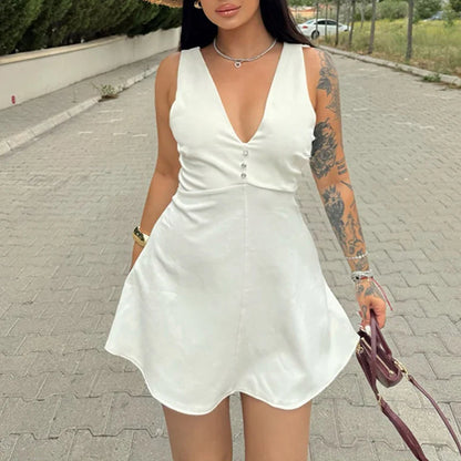 vzyzv  -  French Women Backless Hollow Swing Mini Dress 2024 Elegant Button Office Party Dress High Street Solid V-neck Temperament Dress