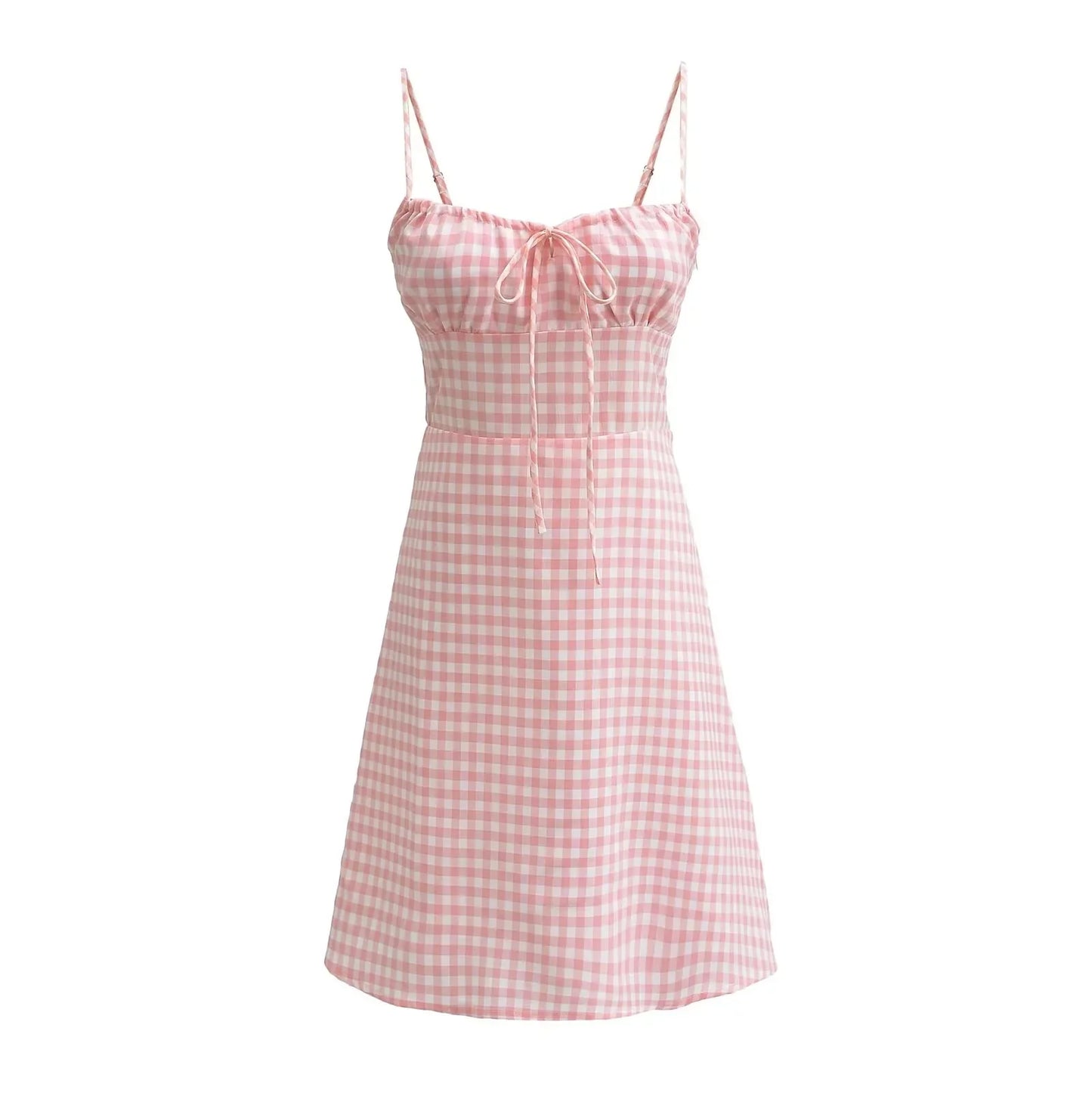 vzyzv  -  Spaghetti Strap Tie Up Plaid Dress Women Summer Beach Midi Sundress Strapless Retro Pink Short Vestidos Female Dress