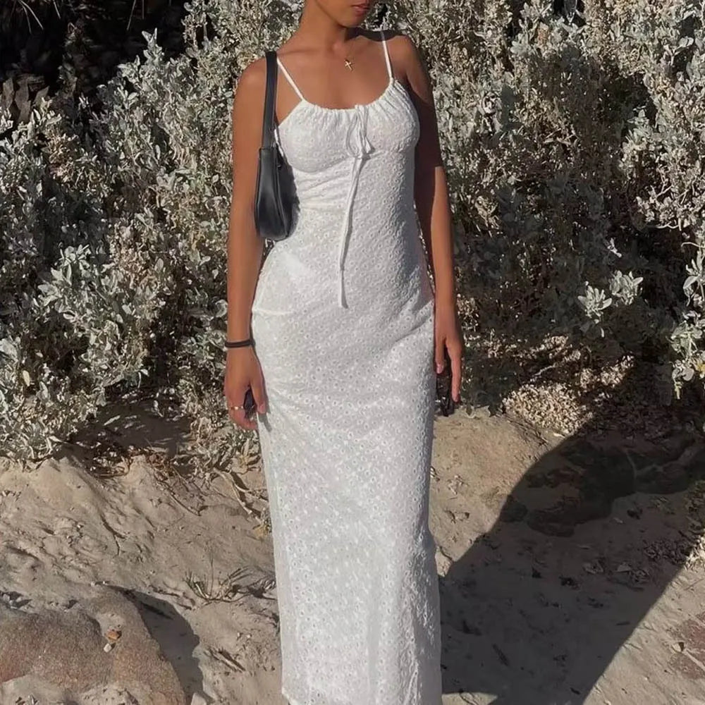 vzyzv  -  Vintage Cotton White Embroidery Strap Lace Dress Women Sexy See through Sleeveless Boho Beach Dresses Summer Vestidos