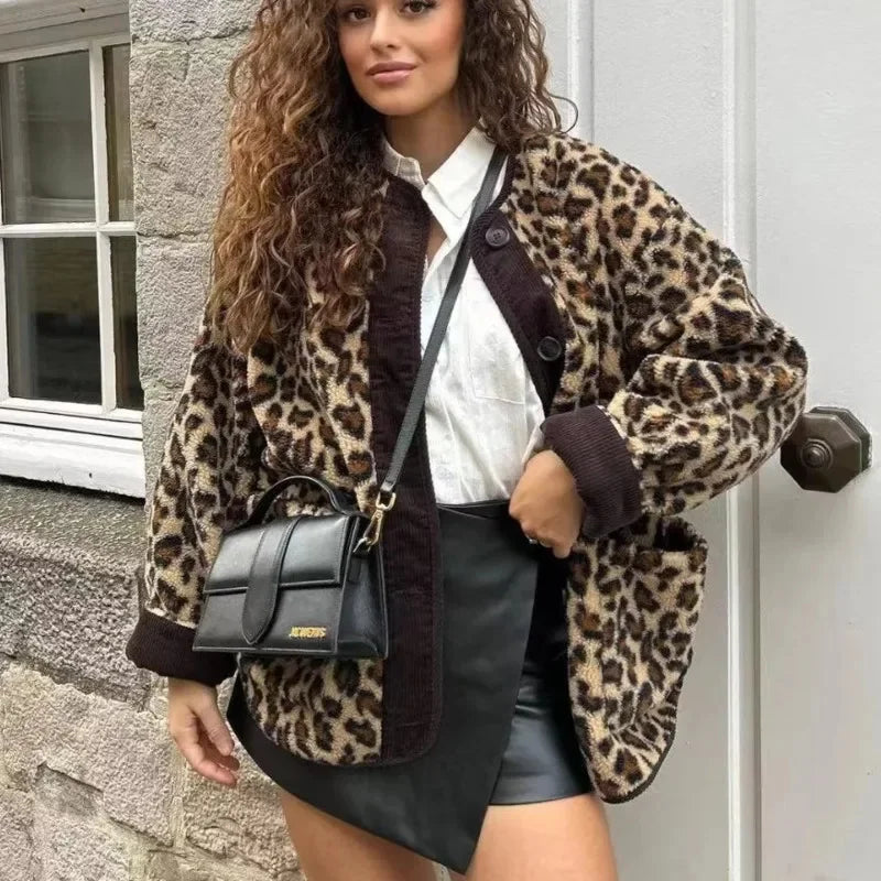 vzyzv  -  Vintage Leopard Print Single Breasted Jacket Women Elegant O Neck Long Sleeves Pocket Coat New Fashion Lady Warm Outerwear