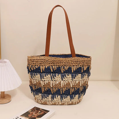 vzyzv -  New One Shoulder Grass Woven Bag Contrast Color Handmade Large Capacity Beach Vacation Leisure Summer Women's Bag