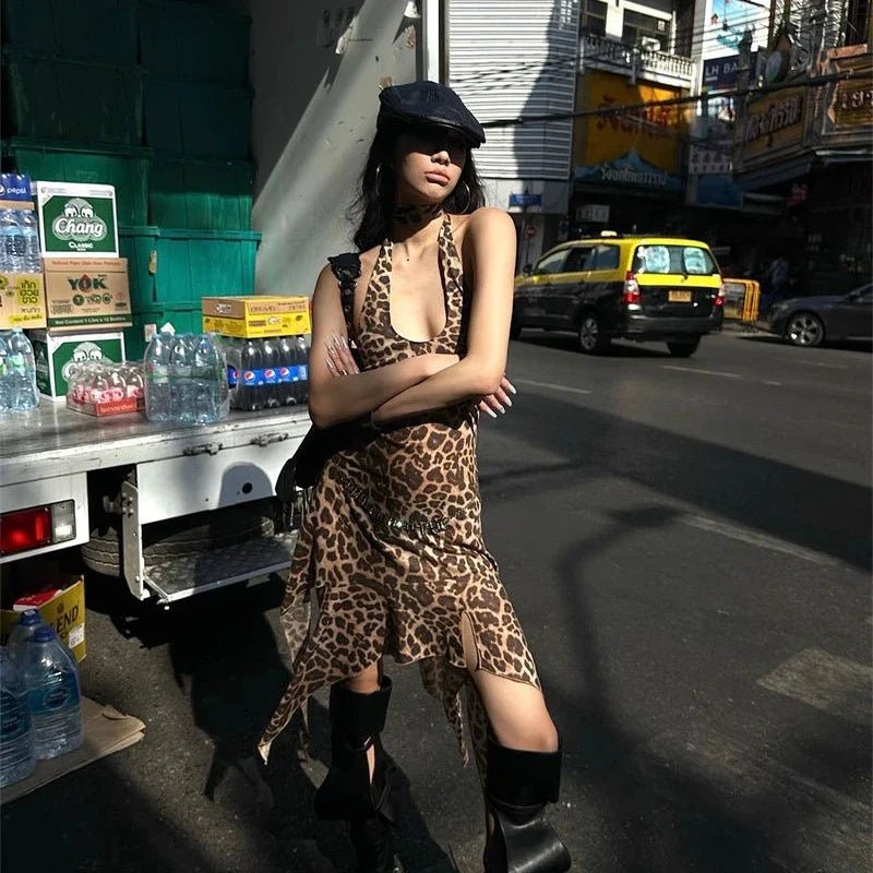 nvxiot  -  Leopard Printed Sexy Woman Dresses Vintage Mini Backless Y2k Dress Short Streetwear Party Female Fashion Hotsweet Chic