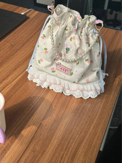 vzyzv  -  Korean Sweet Lace Floral Pearl Drawstring Handbag Bags 2024 Women Commute Bucket  Bag