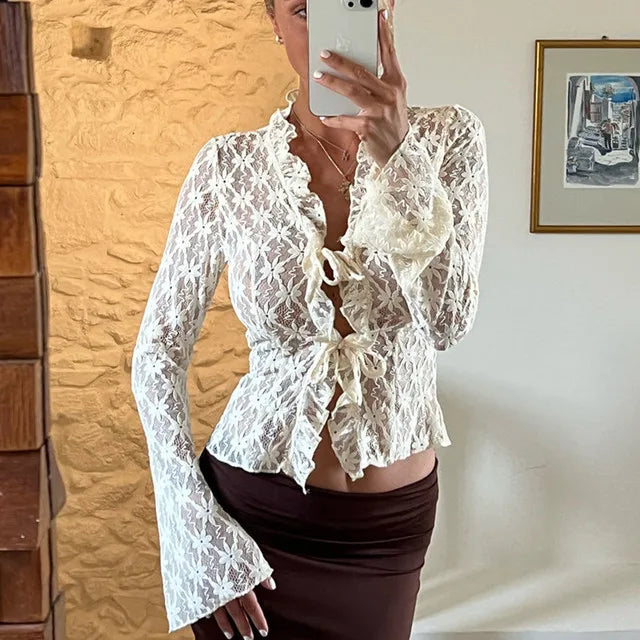 vzyzv  -  Tie Front Sheer Slim Crop Cardigan Clubwear blusa mujer moda Elegant Women Summer Lace Floral Tops Flare Long Sleeve