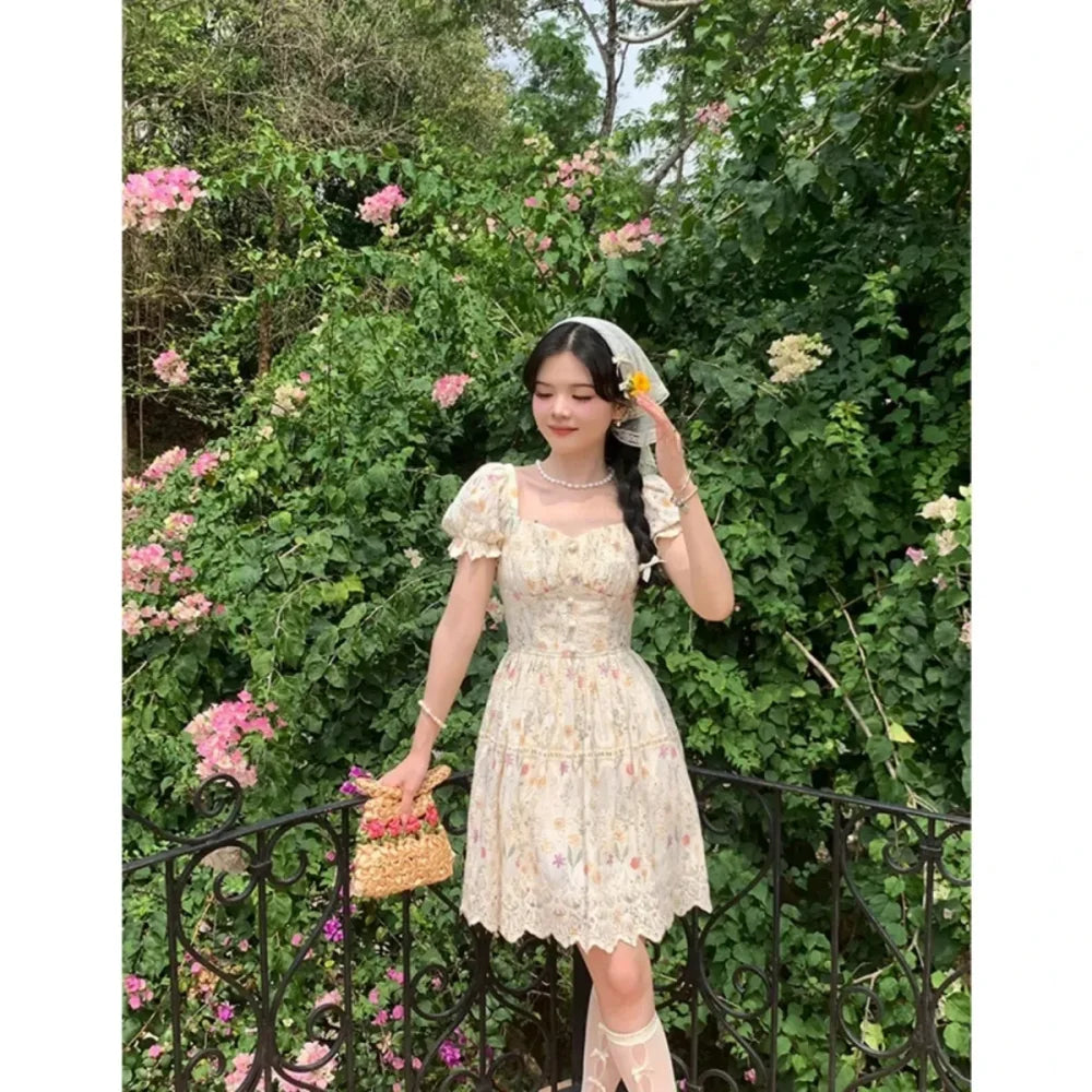 vzyzv -  French Romantic Pastoral Style Floral Dress Women Summer Sweet Embroidered Square Collar Bubble Sleeve A- Line Long Dress