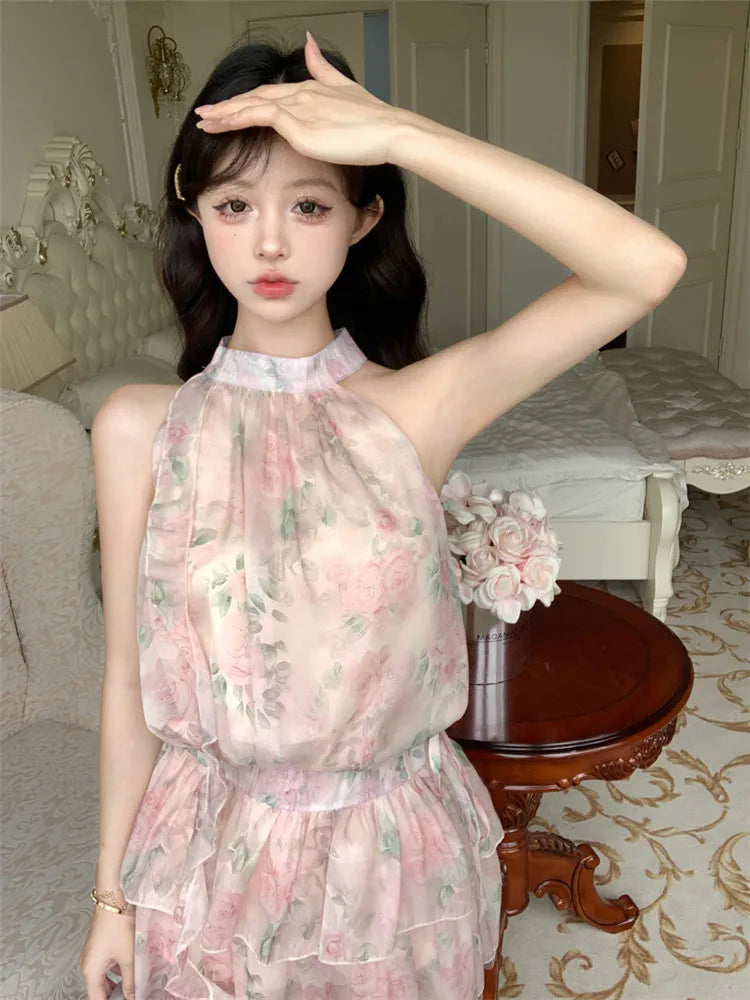 vzyzv -  New 2024 Summer Floral Print Chiffon 2pc Sets Sleeveless Halter Short Shirt Tank Top&Mini Cake Skirt Fashion Sexy 2 Piece Sets