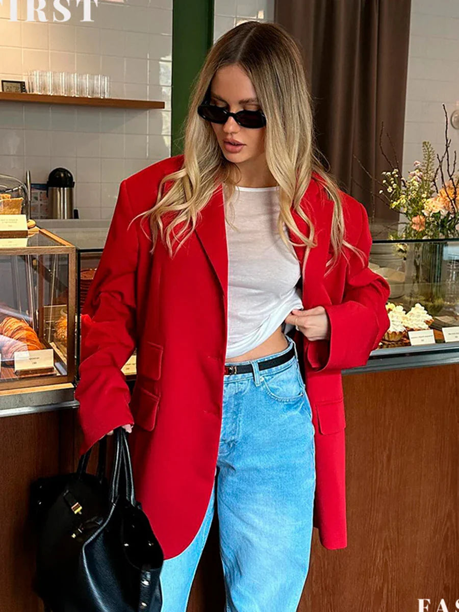 vzyzv  -  Autumn Red Fashion Blazer Women 2024 New Single Breasted Long Sleeve Pockets Outerwear Streetwear Fashion Casual Jackets Female