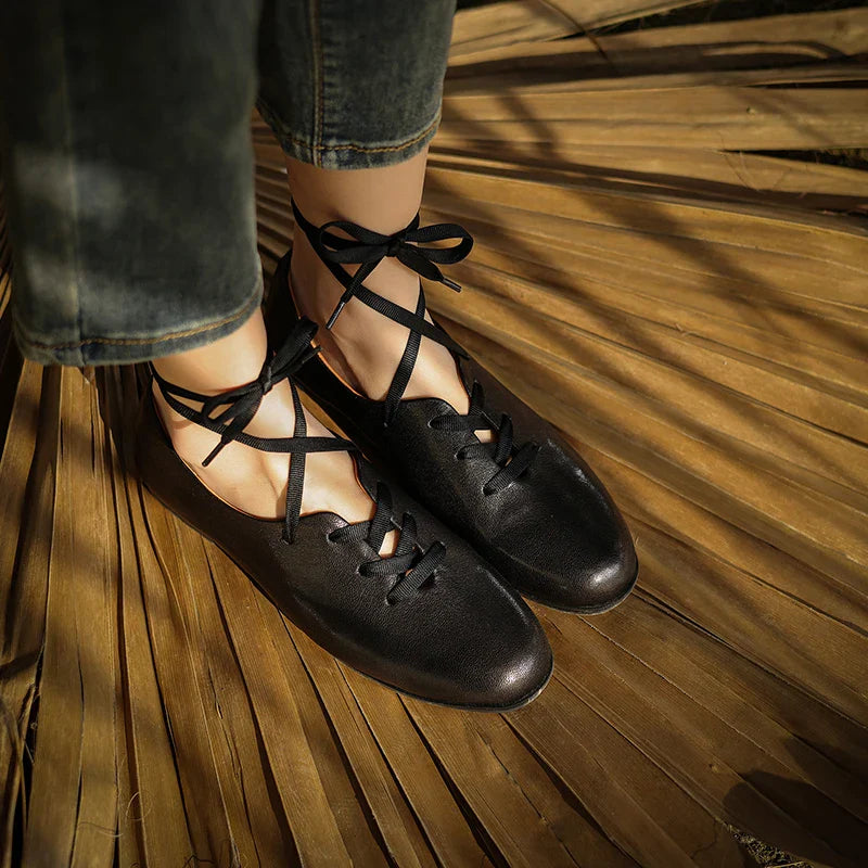 vzyzv  -  Women Basic Flats Real Leather Comfort Flats Round Toe Woman Lace-Up Daily Flats British Style Cowhide Retro Oxfords