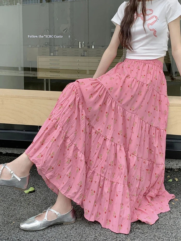 vzyzv -  Print Floral Summer Pleated Skirt Women Mori Girl Style Casual High Waisted Ruffle Midi Long Skirts falda plisada