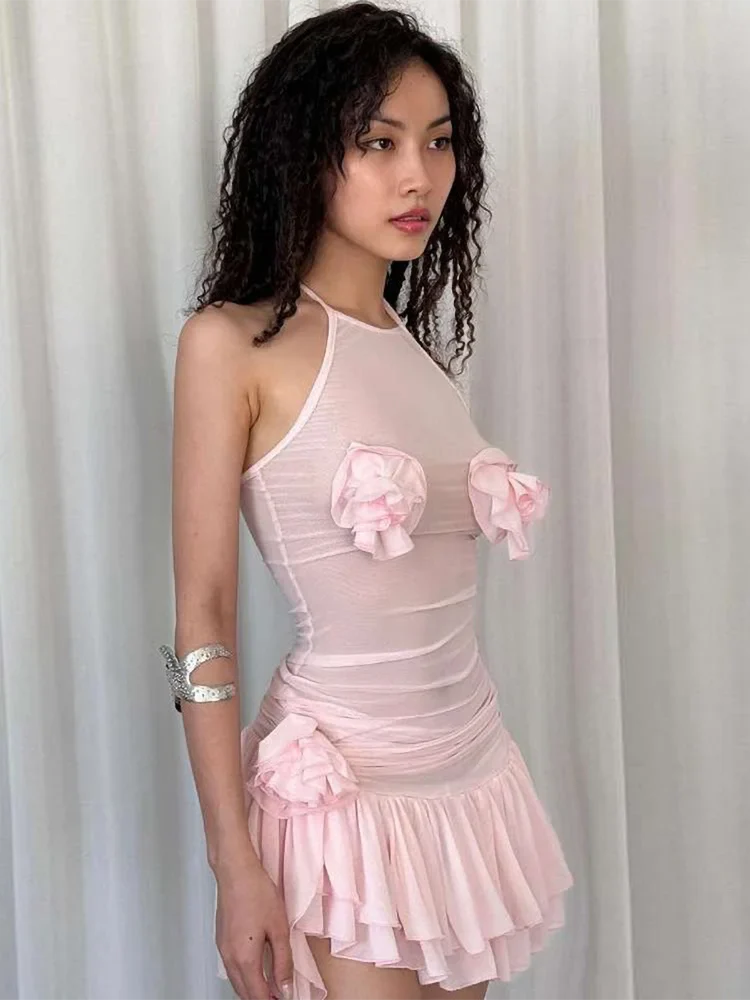 vzyzv -  Sheer Mesh Open Back Mini Dress Women's Clothing Patchwork 3D Flowers Halter Short Dresses Summer Party Beachwear 2024