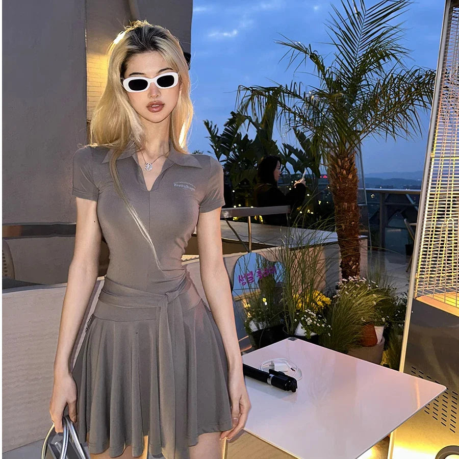 vzyzv -  Sweet Hot Girl Lace-up Pleated Dress for Women's Summer Polo-neck Gray Slim Fit A-line Short Dress Fashion Female Clothes