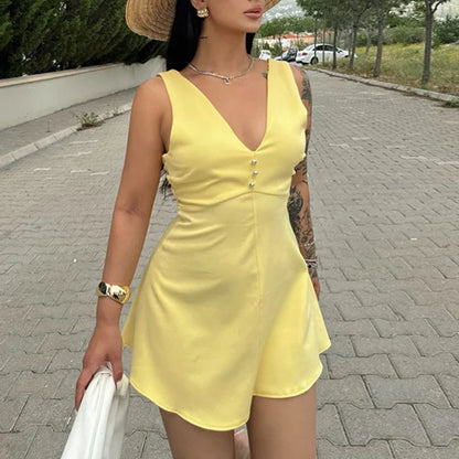 vzyzv  -  French Women Backless Hollow Swing Mini Dress 2024 Elegant Button Office Party Dress High Street Solid V-neck Temperament Dress