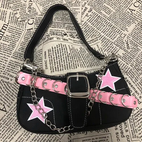 vzyzv  -  Korean Vintage Hottie Streetwear Moto Biker Shoulder Bag Y2k Chain Cool Girl Crossbody Bag Fashion Trendy Purses and Handbags