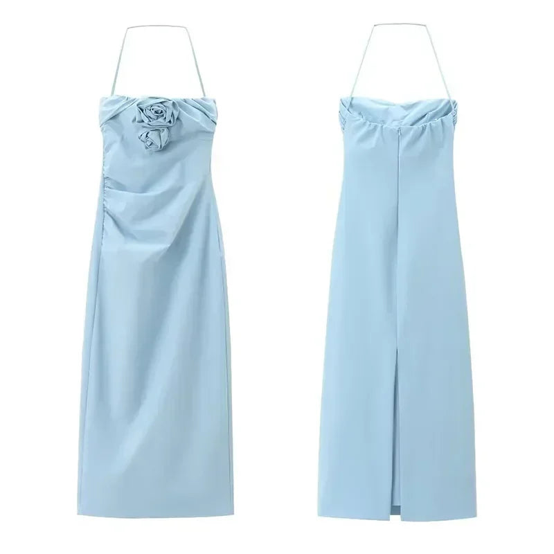 vzyzv  -  Sexy Flower Halter long Dresses Women Light Blue Sleeveless Backless Hip Package Split Dress Female 2024 Summer Party Lady Robe