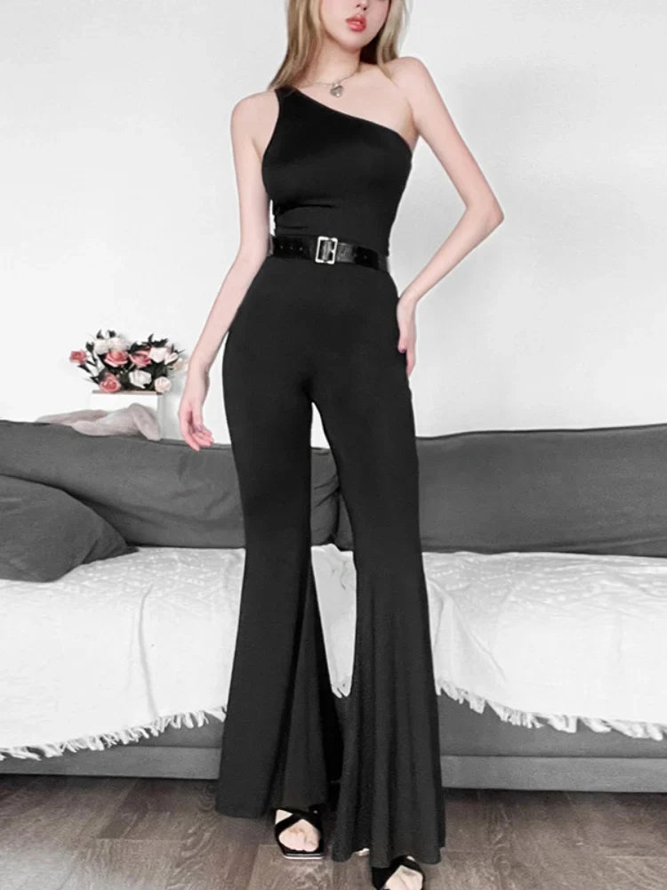 vzyzv  -  Inclined Collar One Piece Club Outfits For Women Jumpsuit Flare Pants Overalls Combinaison Femme Bodycon Monos Mujer Elegante