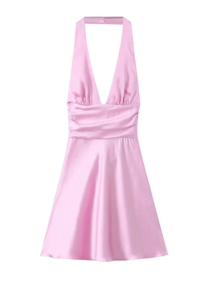 vzyzv -  Satin Halter Hollow Out Mini Dress Women Backless Sleeveless Slim Pink Party Dresses  Summer Elegant A-line Pleated Vestidos