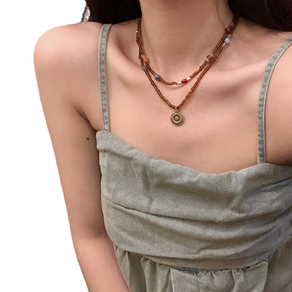 vzyzv  -  Ethnic Clavicle Chain Retro Metal Flower Brown Beaded Necklace