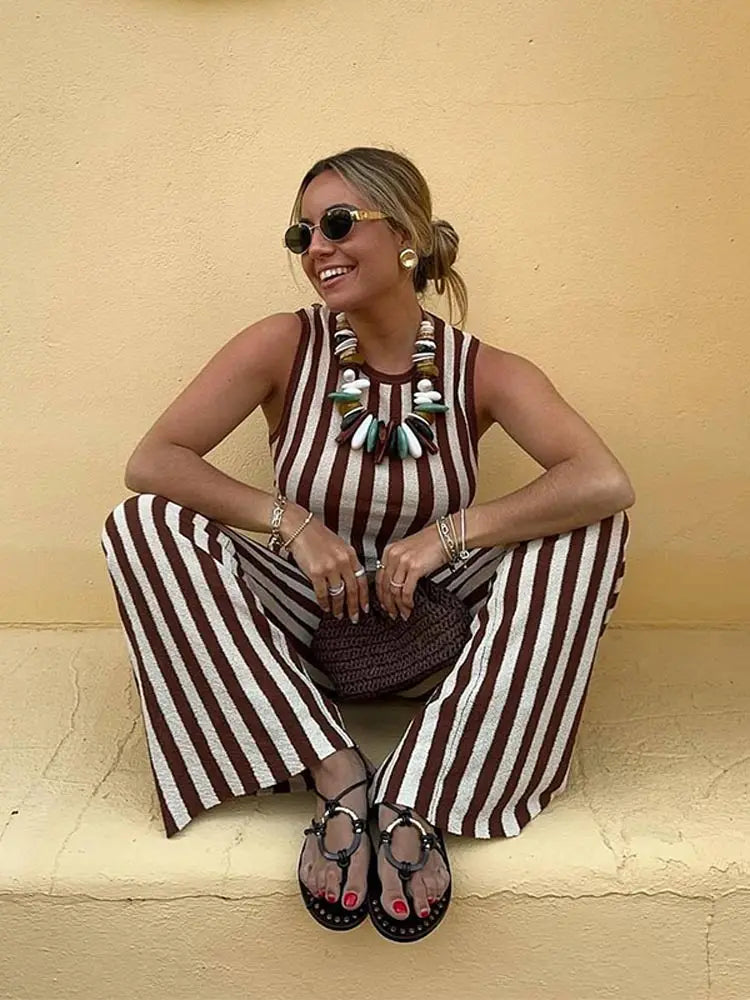 vzyzv  -  Fashion Striped Printed Sleeveless Women Tops Suits Casual O Neck Straight Pants Sets 2024 New Chic Female Office Outfits