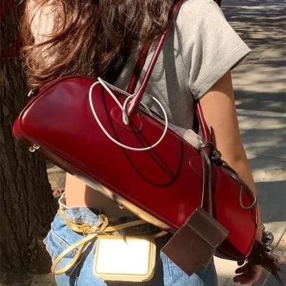 vzyzv  -  Vintage Large Bowling Handbag Korean Fashion Y2k Underarm Bags Designer Wine Red Shoulder Bag Simple Big Square Handbags New