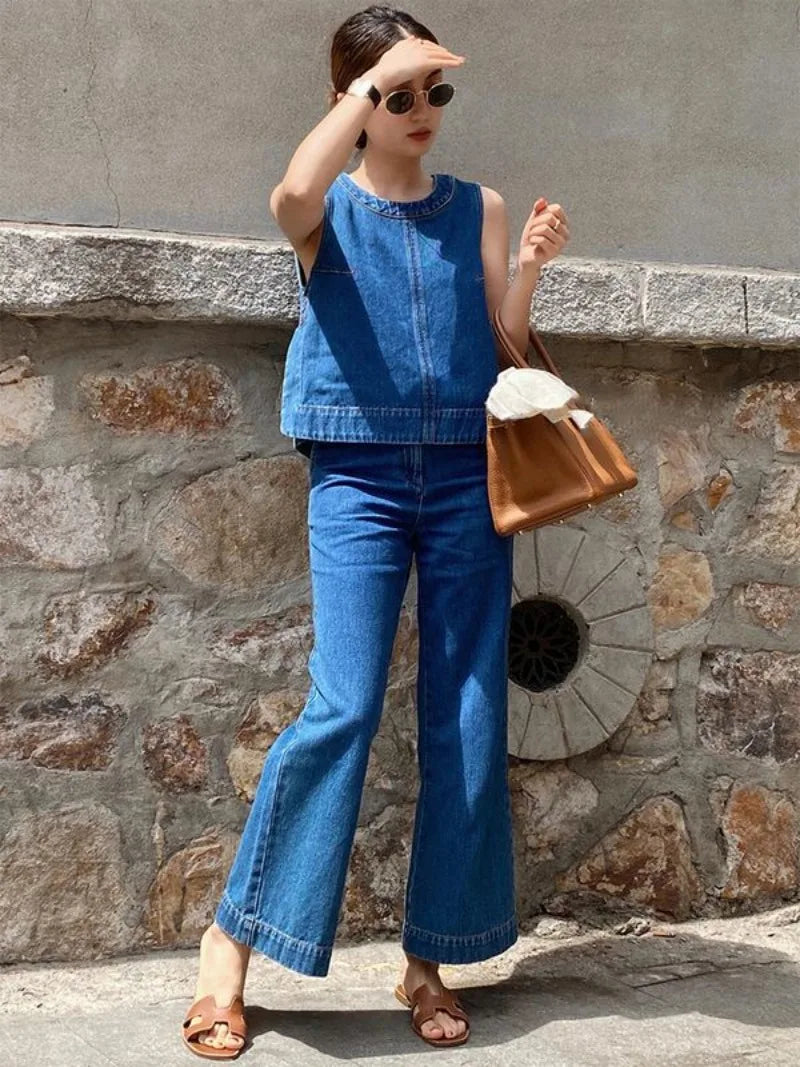 vzyzv -  Korean Hot Girl Commuting Suit Women's Summer Blue Denim Vest High Waist Wide Leg Pants Two-piece Set Fashion Female Clothes