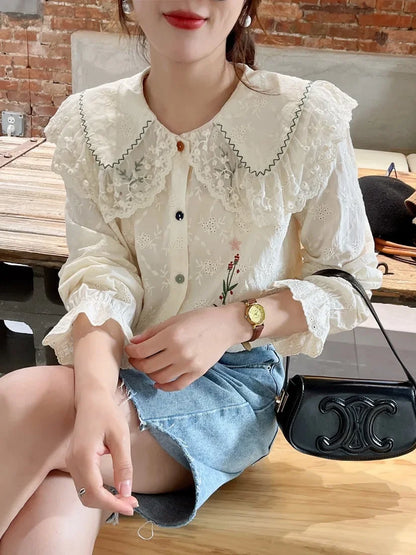 nvxiot  -   New Women Shirt Peter Pan Collar Vintage Style Basic Shirts Petal Sleeve Embroidery Boho Blusas Mujer Cotton Shirts Top