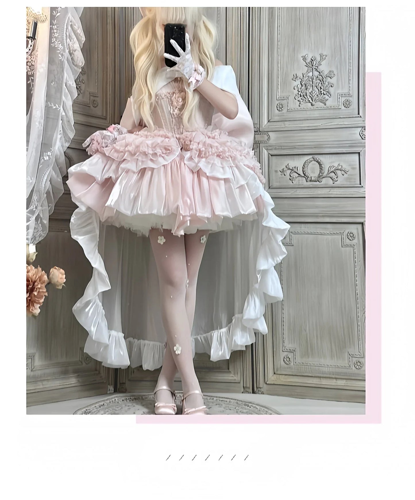 vzyzv  -  Elegant Princess Lolita Dress French Graceful Pink Strapless Dress for Women Summer Retro Three-Dimensional Flower Mini Dress