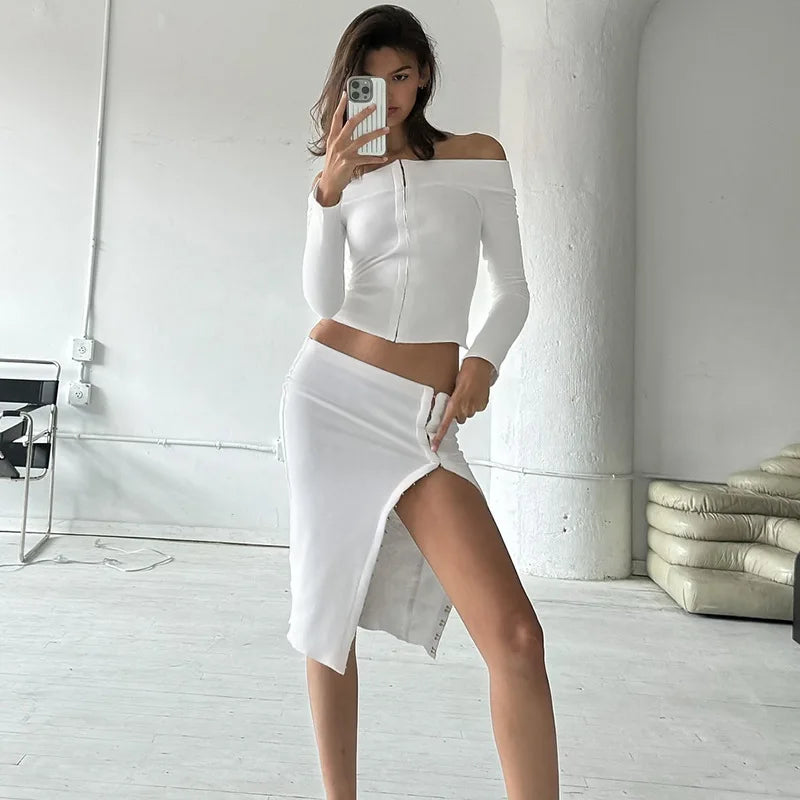 vzyzv  -  Sexy Split Skirt Suit  For Women One-Shoulder Single Breasted Long Sleeves Top Slim Fit Skirt Elegant Party Club Outfits