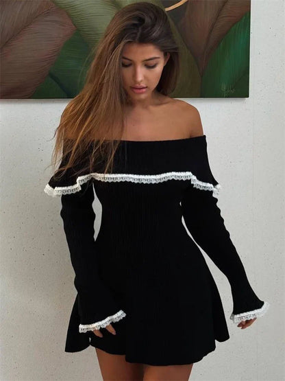 vzyzv  -  Knit Off-Shoulder Sweater Mini Dress Women's Lace Patchwork Ribbed Slim Backless Elegant Party Dress Knitwear Mini Dress