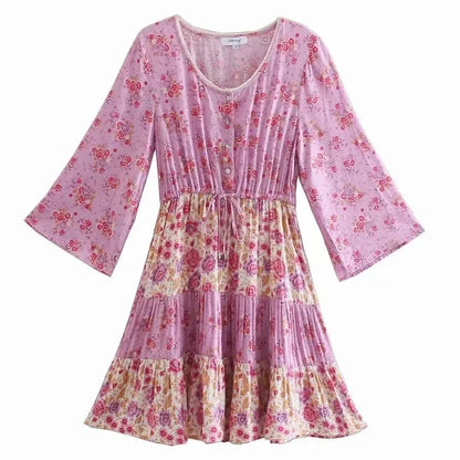 vzyzv -  Floral Vintage Mini Dress Pink Holiday Boho Women Dress  Flare Sleeve Summer Holiday Ladies Female Sexy Dresses