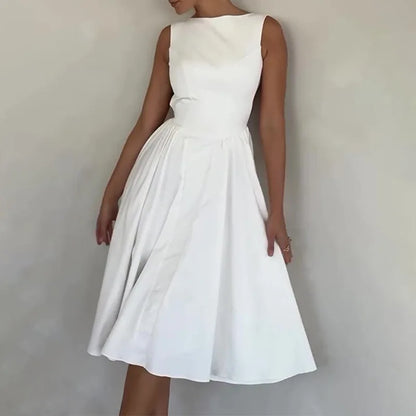 vzyzv  -  Summer Elegant Backless Long Dress Women Solid White O Neck Sleeveless Patchwork Pleated Casual A-line Robe Streetwear