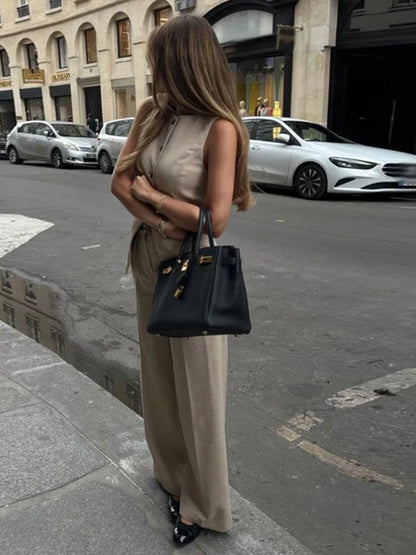 vzyzv  -  Sleeveless Suit Casual Vest Women's Elegant Long Pants Round Neck Front Buckle Fashionable Street Clothing Set Summer Women Top