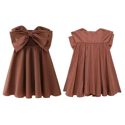 vzyzv  -   Vintage Bow Tube Top Mini Dress Women Summer New Sexy Hollow Out Pleated Backless Female Party Dresses Elegant Evening Robe