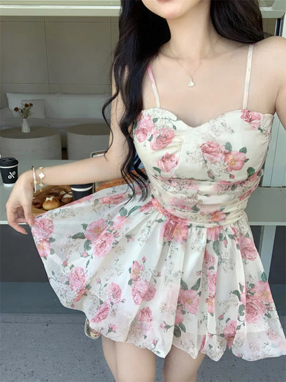 nvxiot  -  Countryside Mini Dress Prarie Pleated Waist Rose Floral Camisole Dress Women Summer Trendy A-line Short Sweet Minni Fluffy Dress