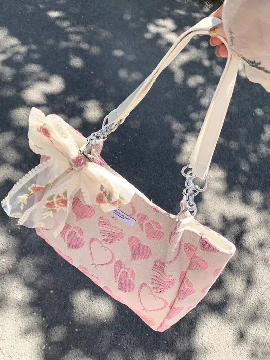 vzyzv  -  Harajuku Pink Handbag Women Retro Fairycore Aesthetic Heart Large Capacity Tote Bag Female Vintage Cute Shoulder Bag Y2k