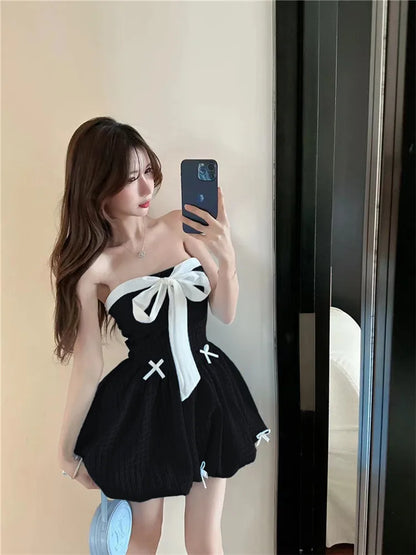 vzyzv  -  Black Blue Sweet Princess Birthday Party Mini Dress Strapless Cute Bow A Line Fluffy Short Skirt Summer Fashion Sleeveless Dress