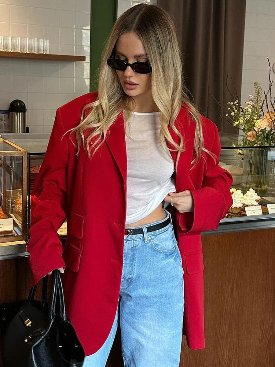 vzyzv  -  Autumn Red Fashion Blazer Women 2024 New Single Breasted Long Sleeve Pockets Outerwear Streetwear Fashion Casual Jackets Female