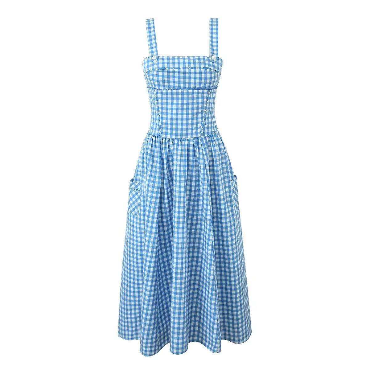 vzyzv  -  Summer Fashion Atmosphere Retro Blue Plaid Flap Pocket Pants Suspender Long European And American Style Street Design Dress