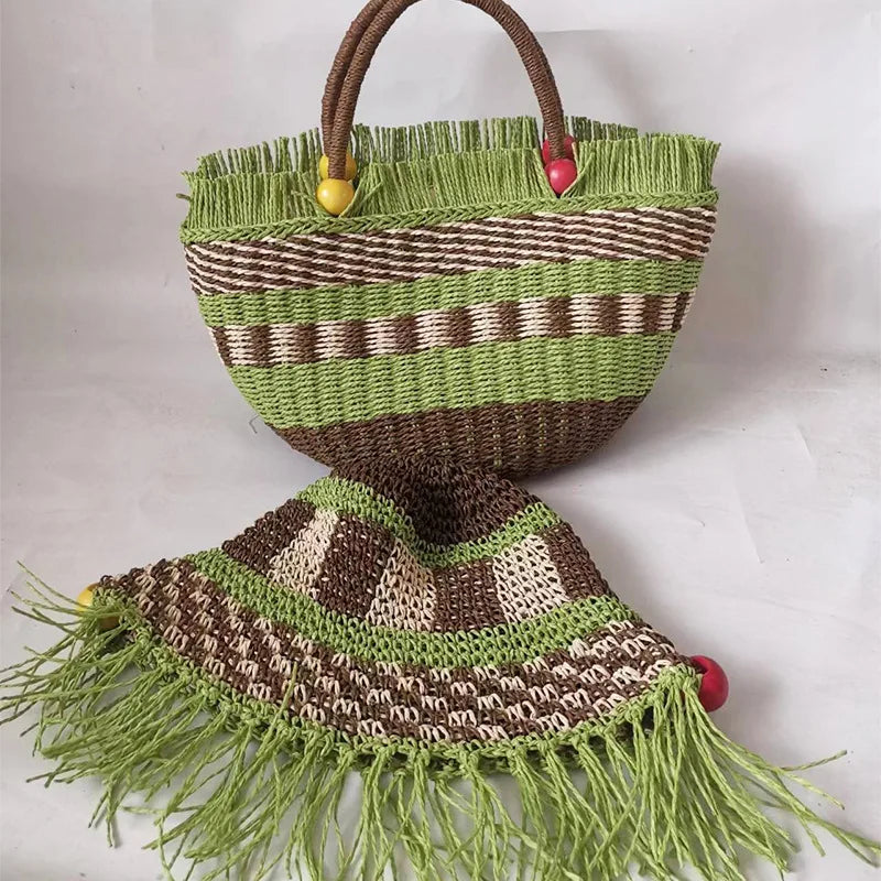 vzyzv -  Fashion Striped Tassel Straw Women Hanbbags Designer Paper Woven Basket Bag Handmade Summer Beach Tote Bags Bali Purses