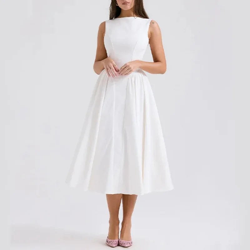 vzyzv  -  Summer Elegant Backless Long Dress Women Solid White O Neck Sleeveless Patchwork Pleated Casual A-line Robe Streetwear