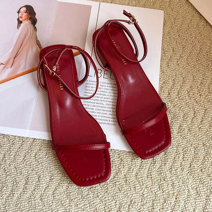 vzyzv -  Summer Red Gold Women Slipper Fashion Narrow Band Ladies Casual Sandal Shoes Square Low Heel Outdoor Dress Gladiator Shoes