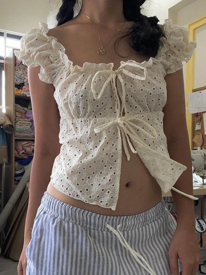 vzyzv -  Hollow Out Jacquard Beige Crop Top Woman Ruffles Square Neck Short Puff Sleeve Lace-up Slim Tees Summer Casual Simple Beige Tops