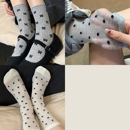 vzyzv -  Summer Thin Bow Dot Lace Mid Tube Socks Versatile Mesh Hollow College Style Sweet Stacked Socks Japanese JK Calf Socks for Women