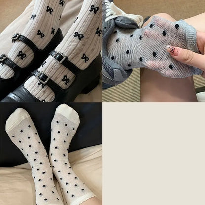 vzyzv -  Summer Thin Bow Dot Lace Mid Tube Socks Versatile Mesh Hollow College Style Sweet Stacked Socks Japanese JK Calf Socks for Women