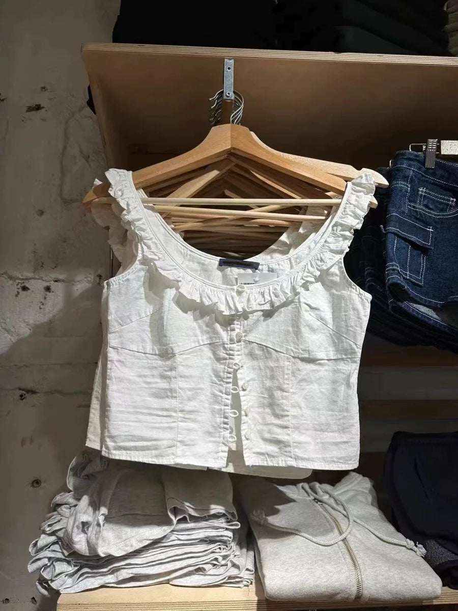 vzyzv -  Sweet Women White Tank Top 2024 Fashion Summer Ladies  Flanged Lace Button-down Sleeveless  Female Camisole Top