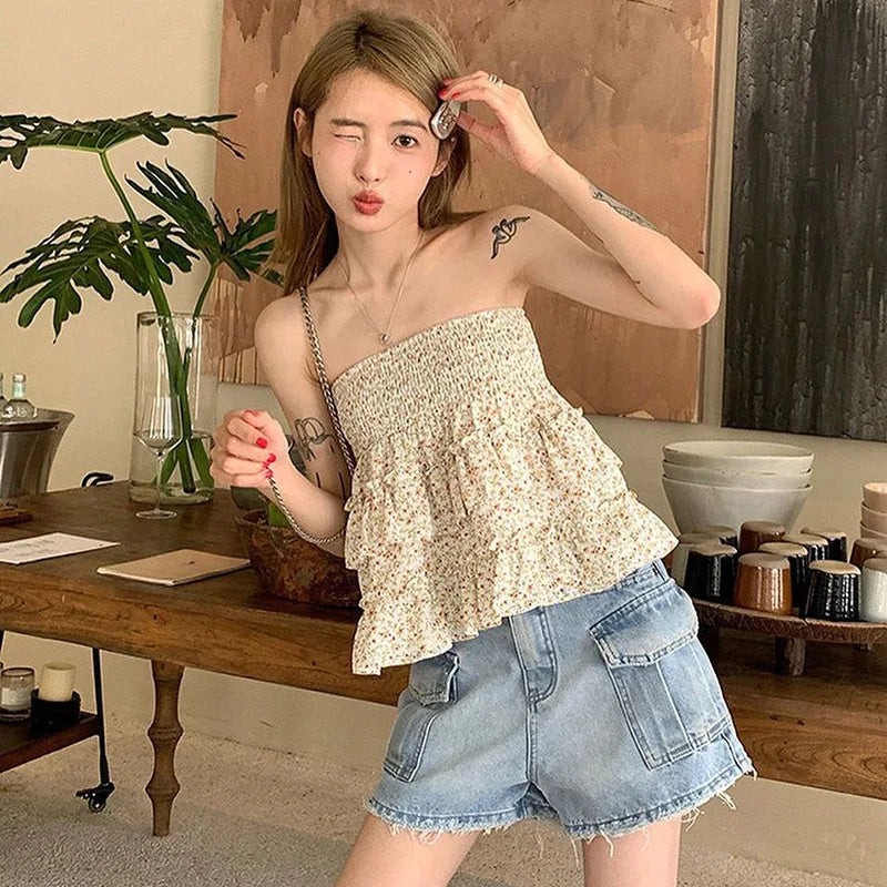 vzyzv -  High Waist Ruffled Mini Dress For Women Floral Skirt Frill Splice Summer Fashion Top And Skirt Two Styles Sweet Skirts