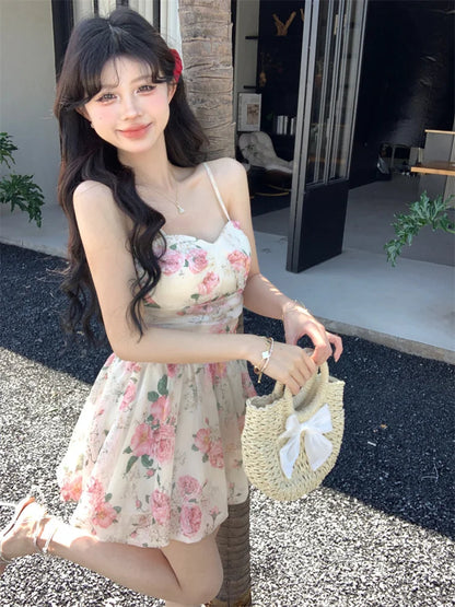 nvxiot  -  Countryside Mini Dress Prarie Pleated Waist Rose Floral Camisole Dress Women Summer Trendy A-line Short Sweet Minni Fluffy Dress