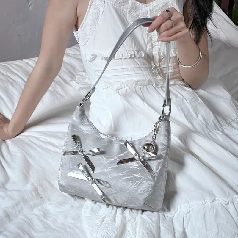 vzyzv  -  Korean Fashion Sweet Bow Underarm Bags Women Silver Commuter Shoulder Crossbody Bag