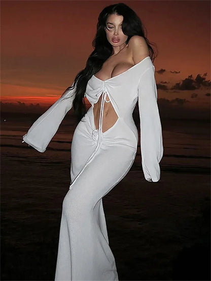 TAIVIMART  -  White Sexy Hollow Out Long Dress For Women Lace-Up V-Neck Fashion Beach Holiday Bandage Dress Ladies Slim Maxi Dress