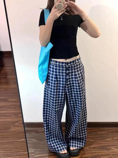 vzyzv  -  Harajuku Plaid Women Pants Low Waist Korean Style Trousers Vintage Casual Wide Leg Checked Pants Baggy Retro Fashion